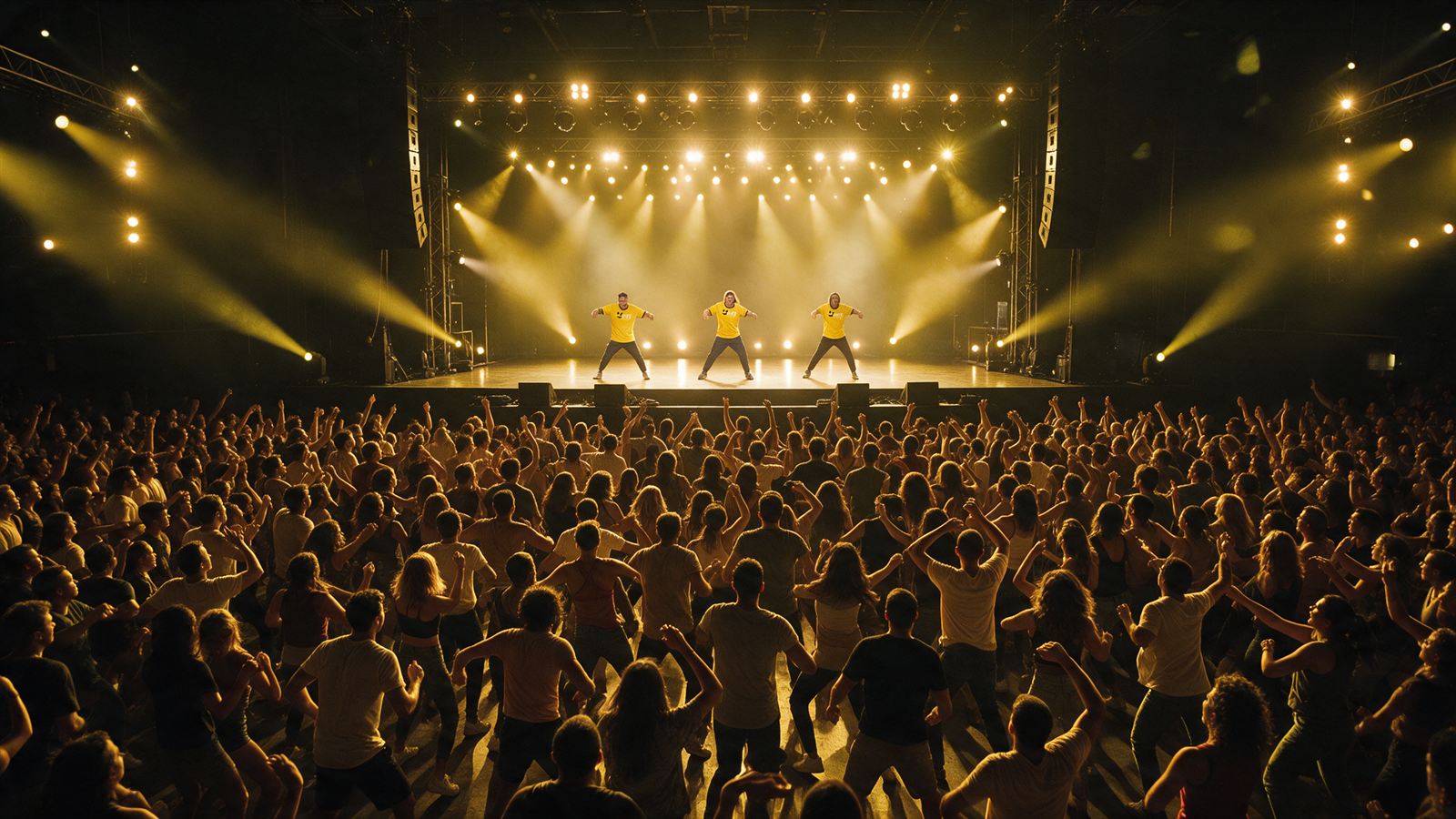 Três professores de camiseta amarela dançando no palco iluminado, com a plateia dançando junto