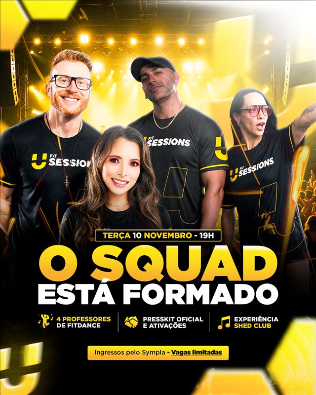 Arte oficial do UFit Sessions com os quatro professores de FitDance de camiseta preta: O squad está formado. Terça, 10 de novembro, 19h.